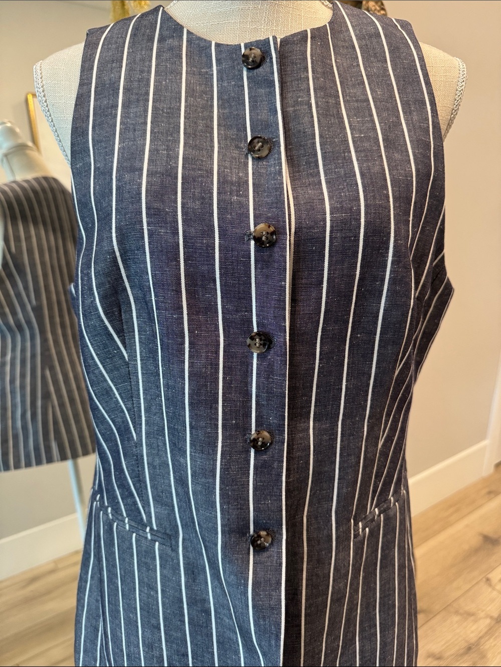 H&M Navy and White Striped Sleeveless Button Vest - Picture 2 of 4